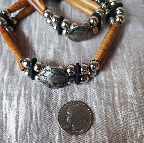 Buffalo Nickel Silver Tone Black Wood Silver Tone Ladies Belt TARNISHED Unsigned - Picture 7 of 13